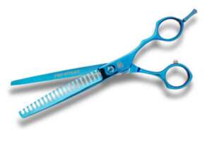 Blue thinning shears for hair styling.