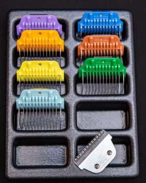Colorful hair clipper guards and blade in case.