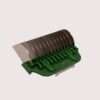 Stainless steel herb cutter with green handle.
