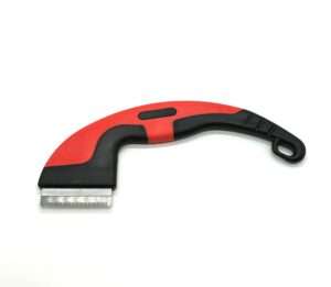 Red and black pet deshedding tool.