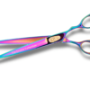 Colorful professional hairdressing scissors on white background.