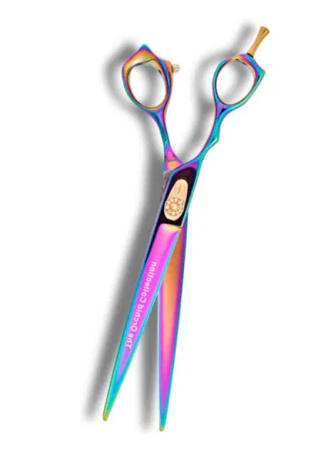 Iridescent hairdressing scissors with ergonomic handle design.