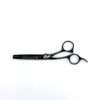 Professional black hair thinning scissors on white background.