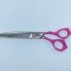 Pink-handled professional hairdressing scissors on white background.