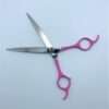 Pink-handled professional hair scissors on white background.