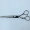Stainless steel hairdressing scissors with blue details.