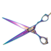 Professional iridescent hairdressing scissors on white background.