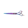 Iridescent professional hairdressing scissors on white background.