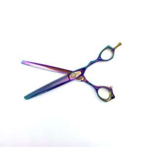 Colorful hair thinning scissors on white background.