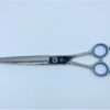 Professional hair scissors with blue handles.