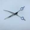 Professional barber shears with blue accents.