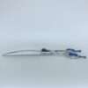 Curved silver hair trimming scissors with blue accents