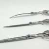 Stainless steel surgical scissors on white background.