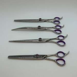 Professional hairdressing scissors on white background.