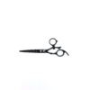 Black professional hairdressing scissors on white background.