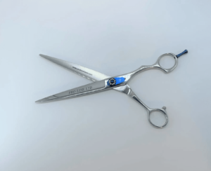 Professional hairstyling scissors on white background