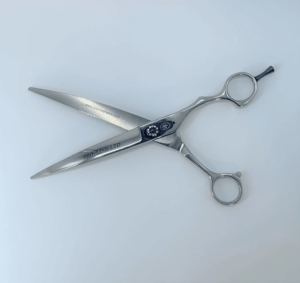 Professional hairdressing scissors on white background.