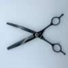 Black hair thinning scissors on white background.