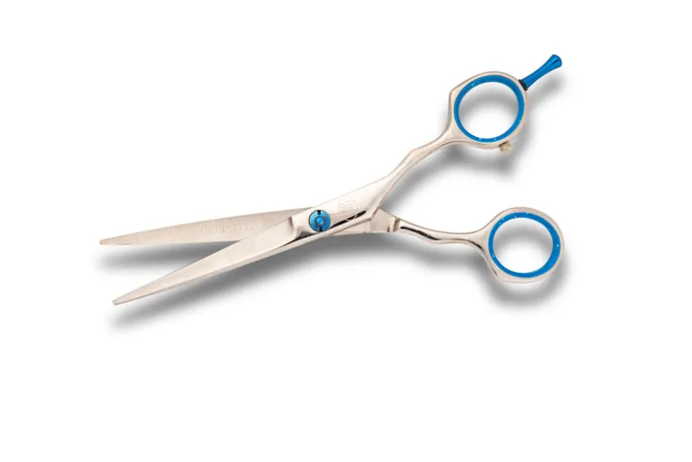 Silver hairdressing scissors with blue handles.