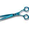 Blue professional hairdressing scissors on white background.