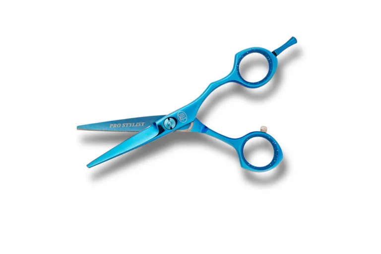 Blue professional hairstyling scissors on white background.