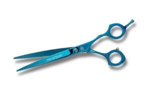 Blue professional hairdressing scissors on white background.