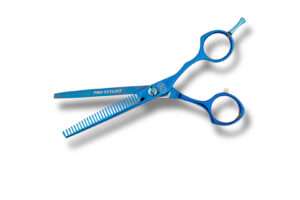 Blue professional hair thinning scissors.