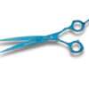 Blue hairstylist scissors on white background.