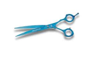 Blue hairstylist scissors on white background.