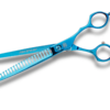 Blue professional hair texturizing scissors.