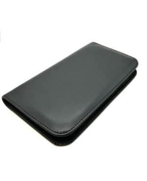 Black leather wallet on white background.