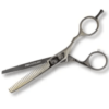 Professional hair thinning scissors on white background.