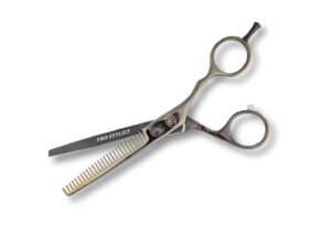 Professional hair thinning scissors on white background.