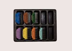 Hair clipper guards set in various sizes and colors.