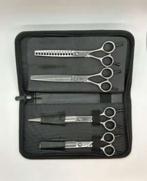 Professional hairdressing scissors set in black case.
