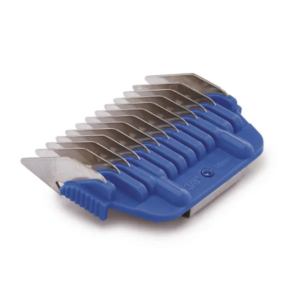 Blue hair clipper attachment on white background.