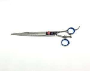 Professional hairdressing scissors with blue handles.