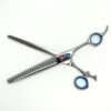 Professional hair thinning scissors with blue handles.