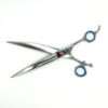 Silver hairdressing scissors with blue finger rings.