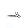 Black professional hairdressing scissors on white background.
