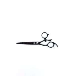 Black professional hairdressing scissors on white background.