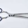 Stainless steel hair thinning scissors with blue grips.