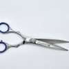 Professional haircutting scissors with blue finger grips.