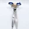 Professional hair cutting scissors with blue handles.