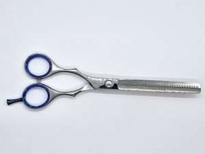 Silver hair thinning scissors with blue handles
