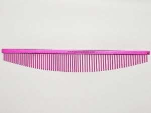 Pink metal grooming comb with logo.