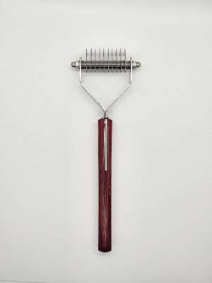 Pet grooming dematting rake with wooden handle