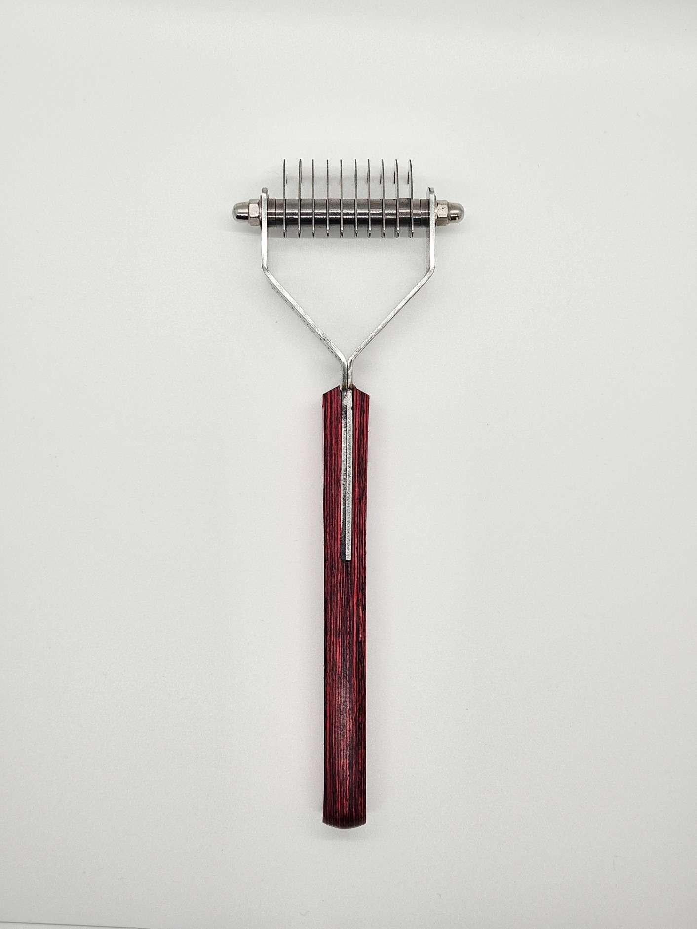 Pet grooming dematting rake with wooden handle